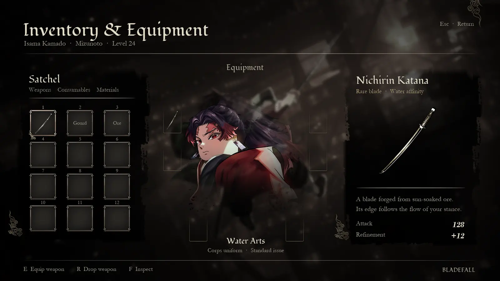 Bladefall's inventory and equipment screen